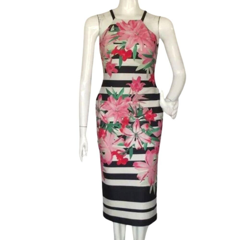 VINCE CAMUTO Midi Dress, 2, Black/Off-White Stripes, Floral, Sleeveless, Straps